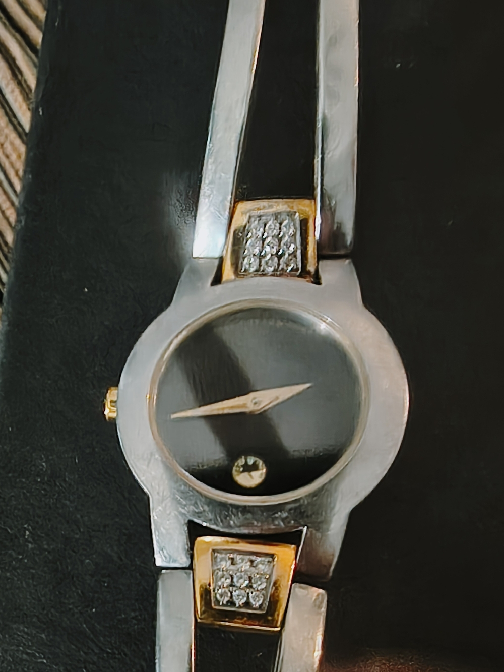 Movado Two-Tone Black Dial Womens Bracelet Watch with Gold Accents - Picture 2 of 6